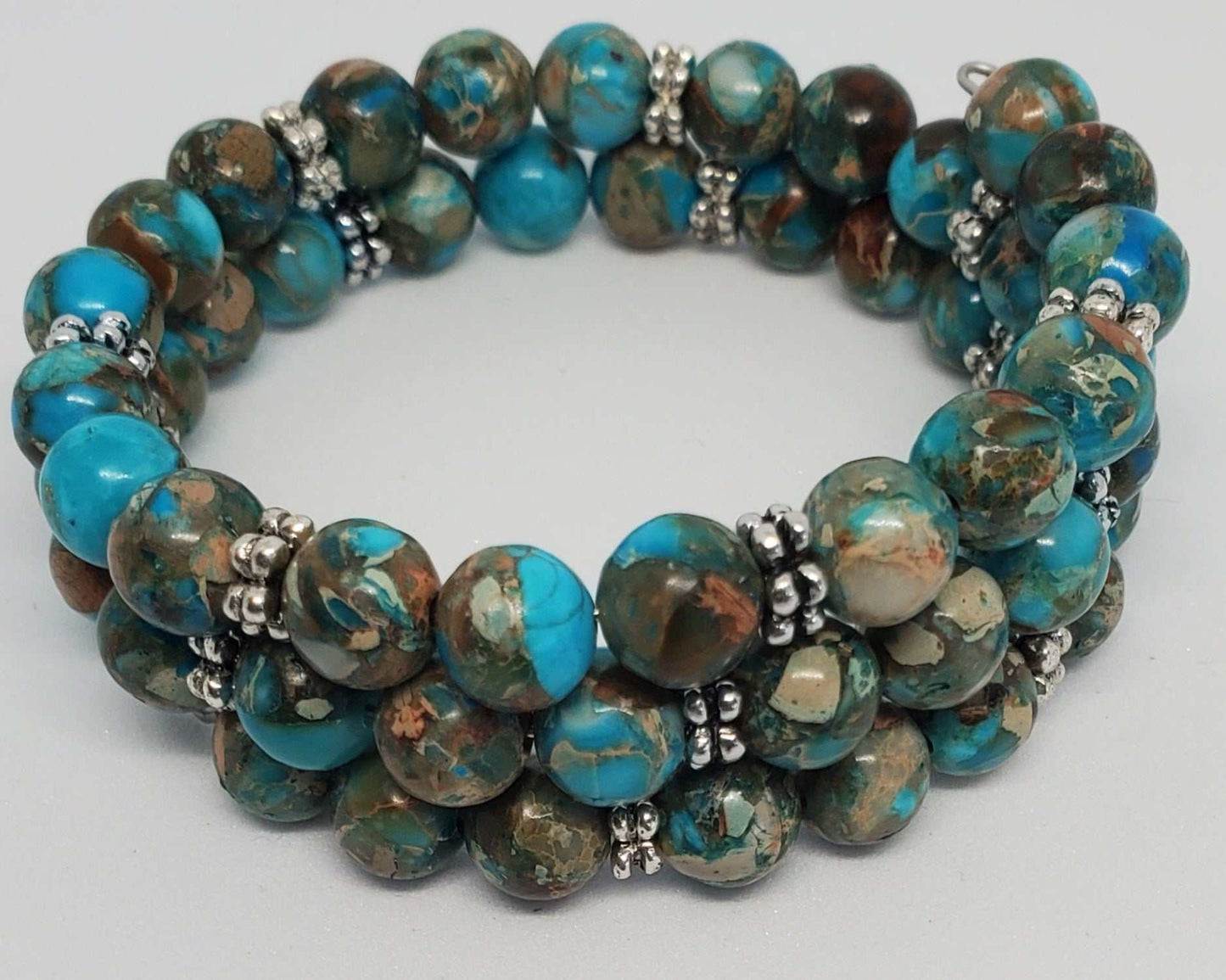 Turquoise Imperial Jasper gemstone bracelet with pewter spacers and memory wire cuff design