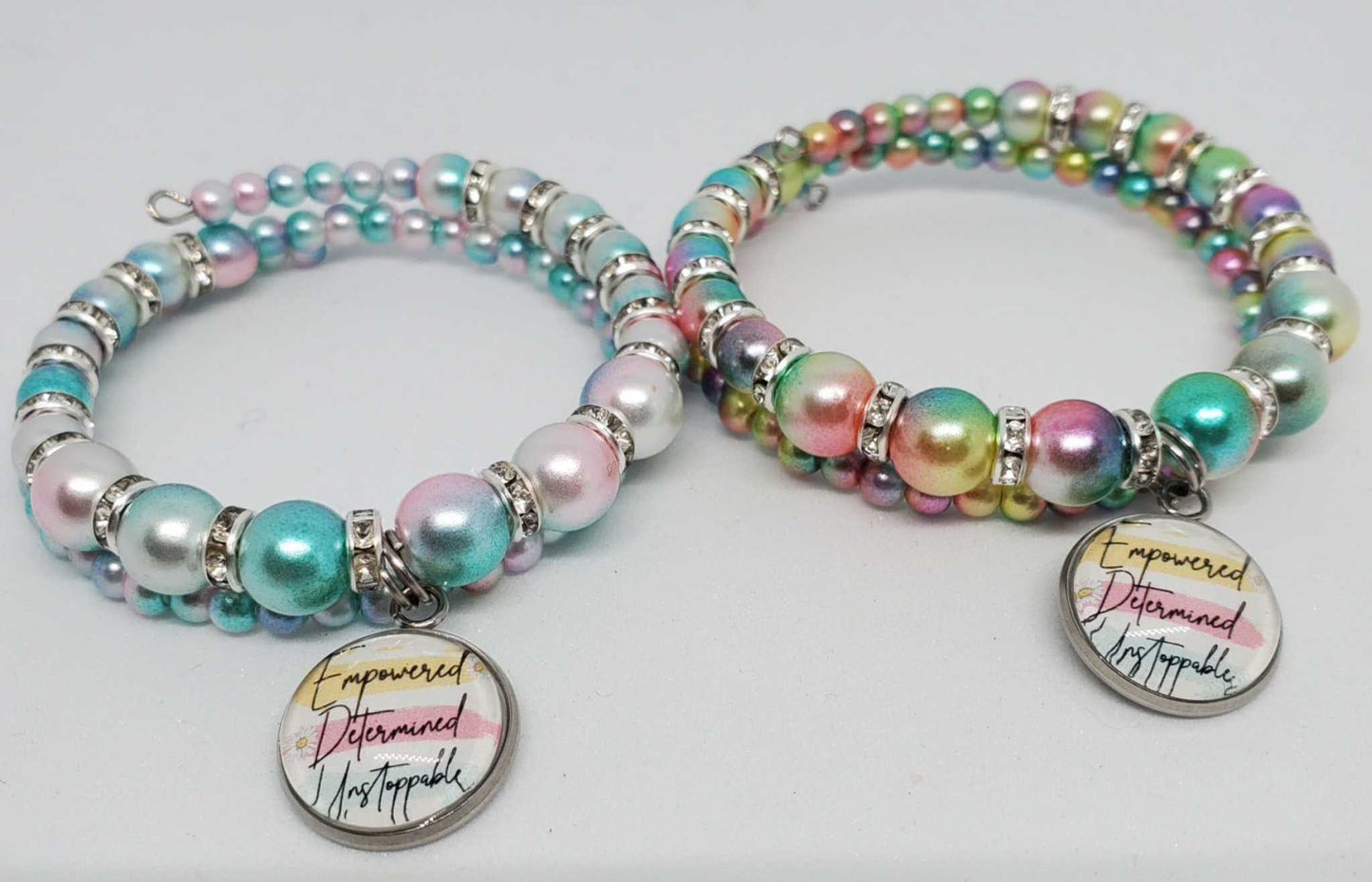Colorful girl power charm bracelets for kids with ombre pearls and motivational engraved charm