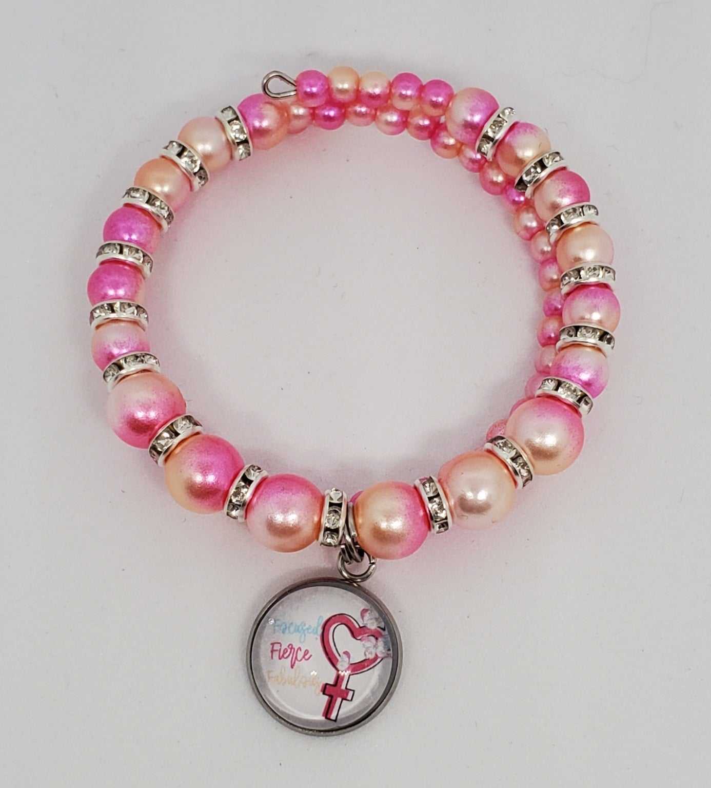 Girl Power Charm Bracelet with ombre pearls, rhinestone spacers, and "Forceful, Fierce, Fabulous" charm.