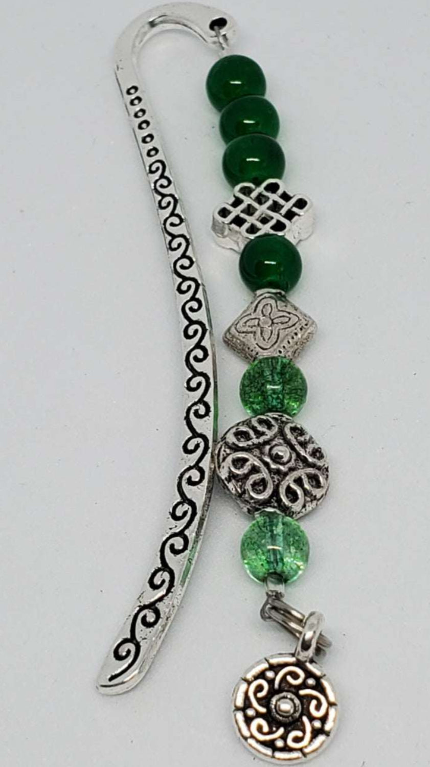 Mini Celtic Bookmark with green glass beads and Celtic pewter charm on metal hook