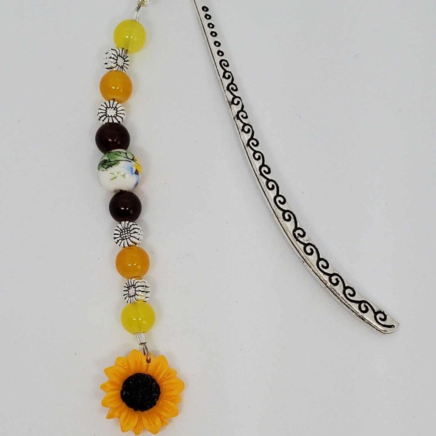 Mini sunflower bookmark with colorful glass beads and detailed metal hook