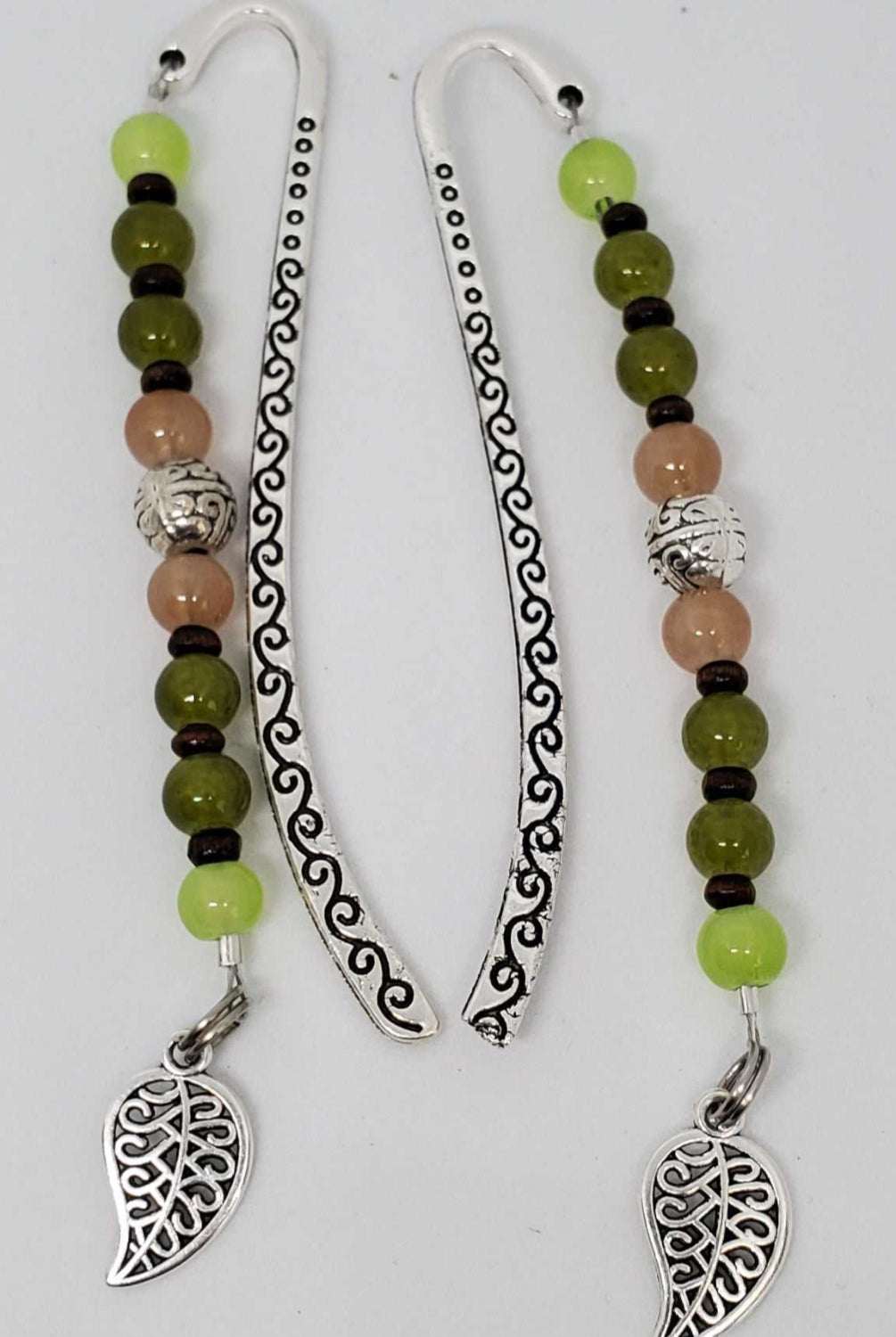 Mini leaf bookmark with metal hook, green and tan beads, and decorative leaf charm