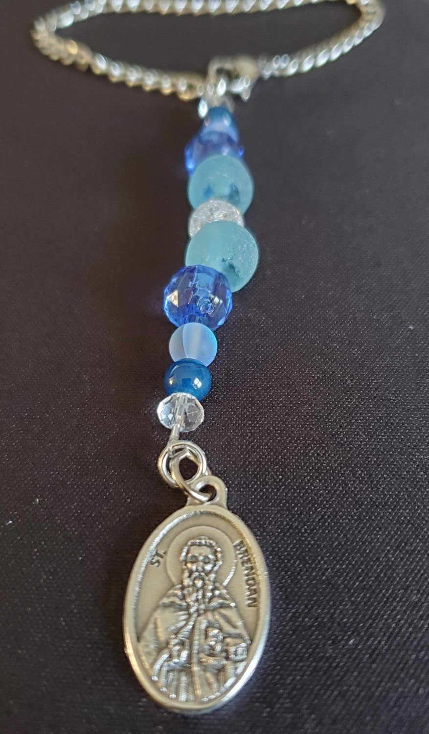 Boat Charm St Brendan with blue glass and crystal beads on silver chain