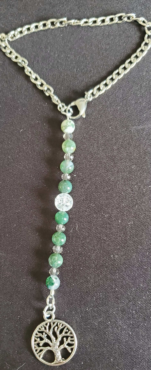 Rearview mirror car charm featuring Tree of Life pendant with moss agate and crystal beads on silver chain