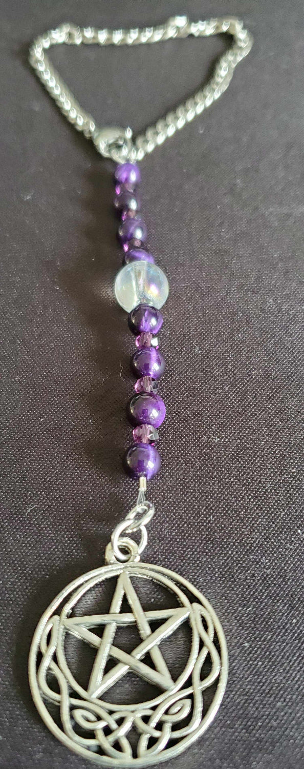 Rearview mirror car charm with pewter pentacle and Tiger Eye gemstone for protection and style