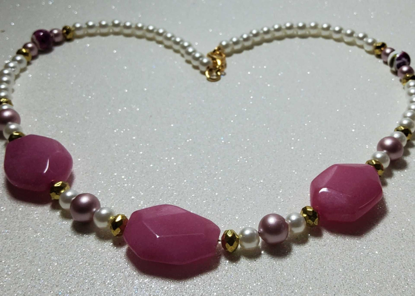Vintage Statement Necklace with dark pink glass beads, pink and white pearls, and gold accents on an 18-inch strand