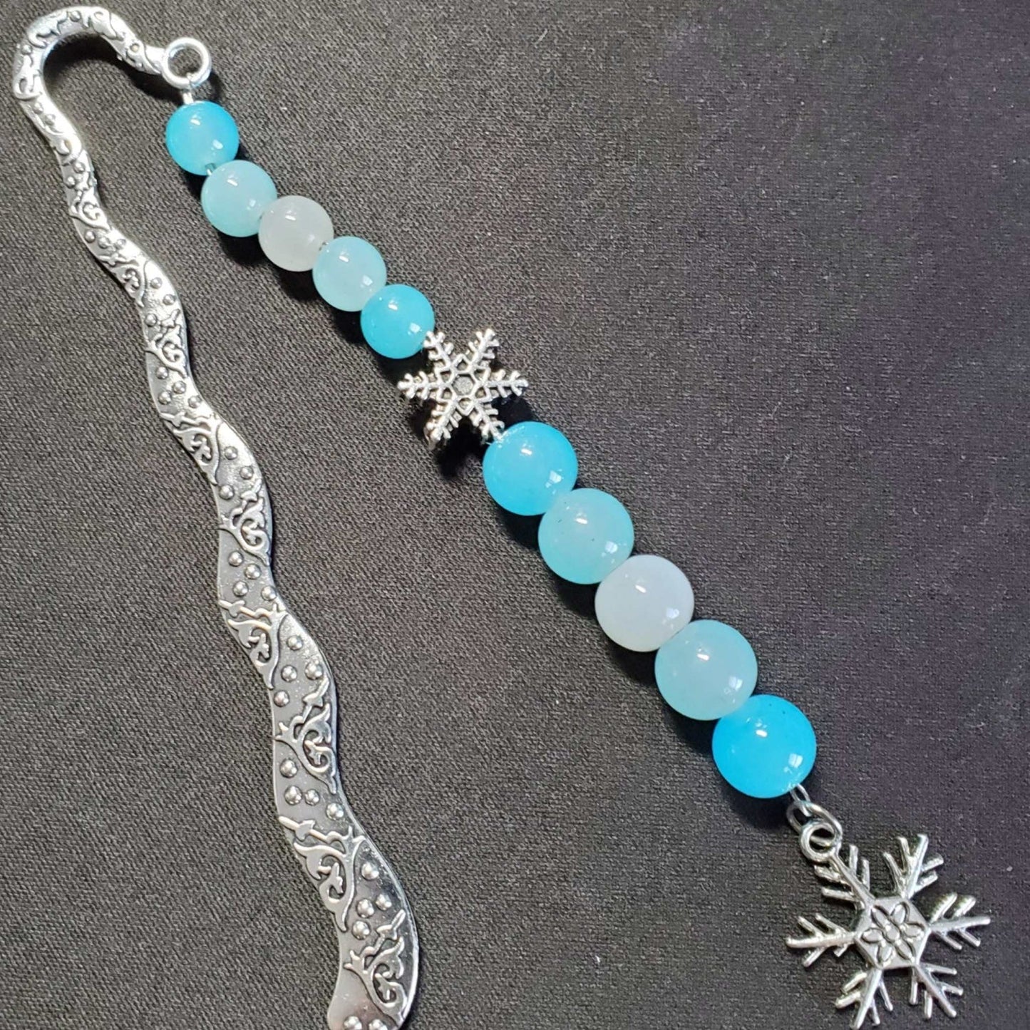 6-inch metal snowflake bookmark with blue glass beads and detailed pewter snowflake charm