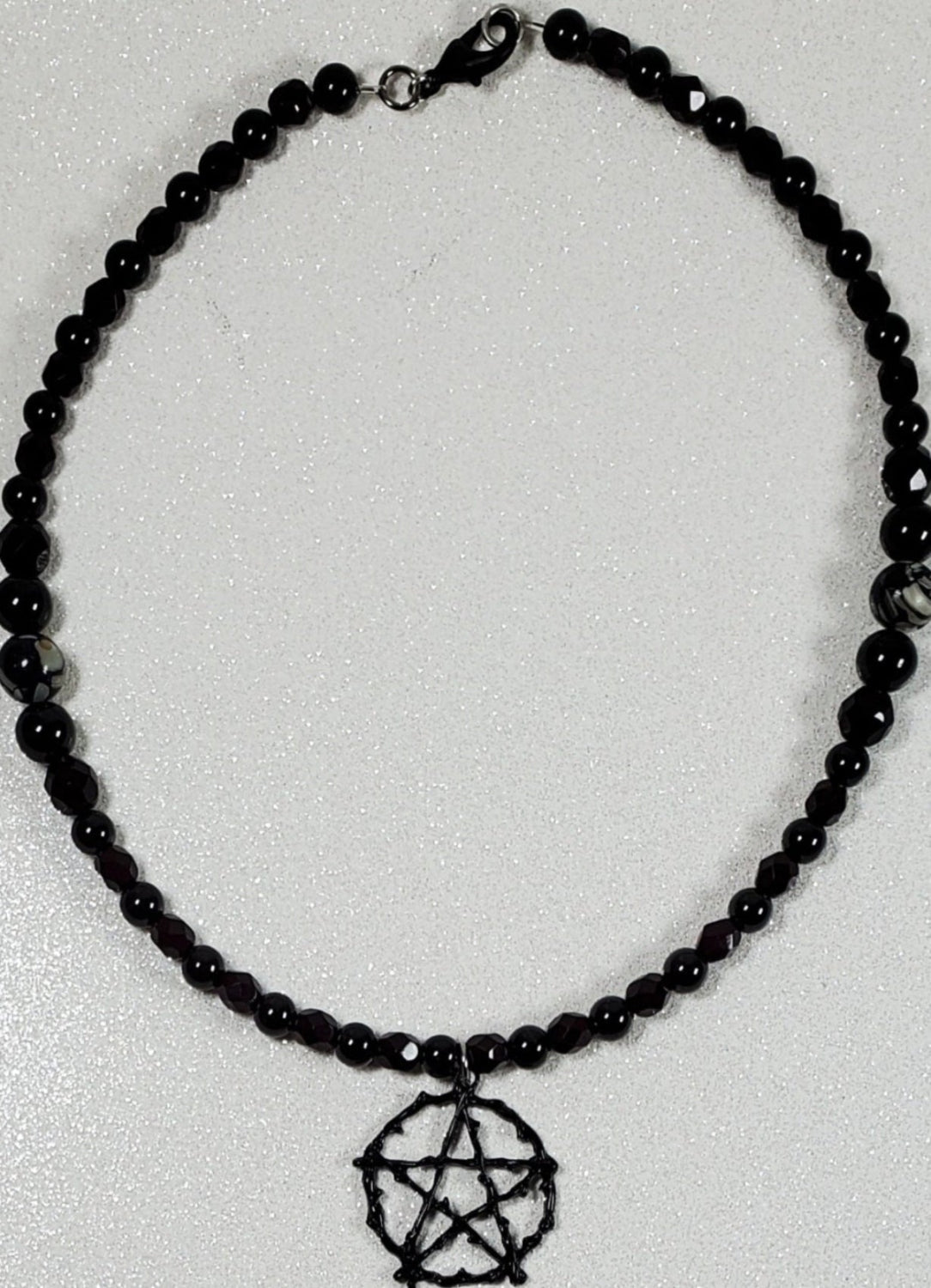 Black Tourmaline Pentacle gemstone choker necklace with garnet beads and lobster clasp