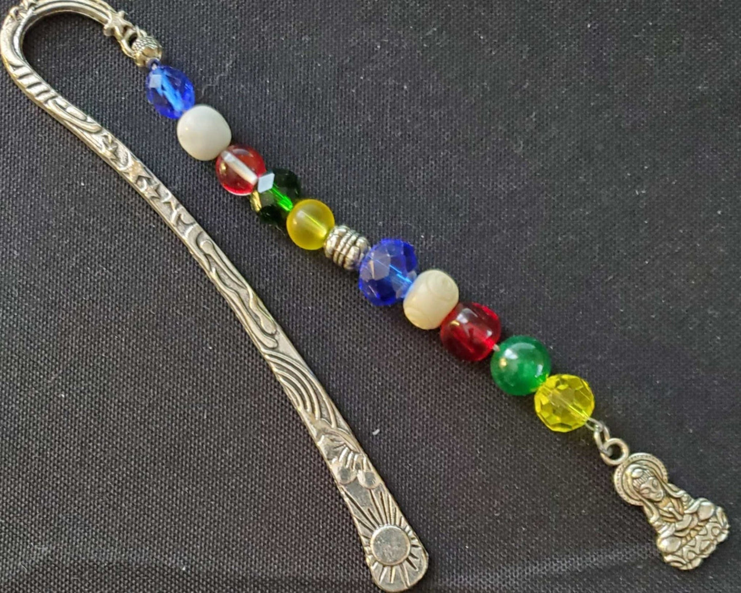 Eastern spiritual metal bookmark with colorful glass beads and Buddha pewter charm