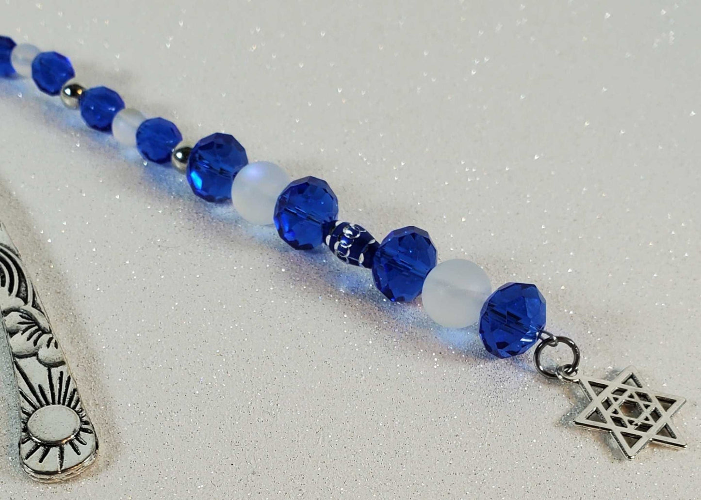 Metal bookmark with blue and white glass beads and a pewter Star of David charm