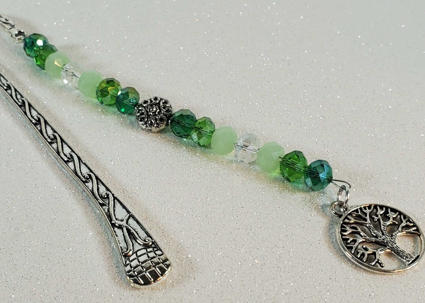 Metal Tree of Life bookmark with green glass beads and detailed pewter charm, Celtic design