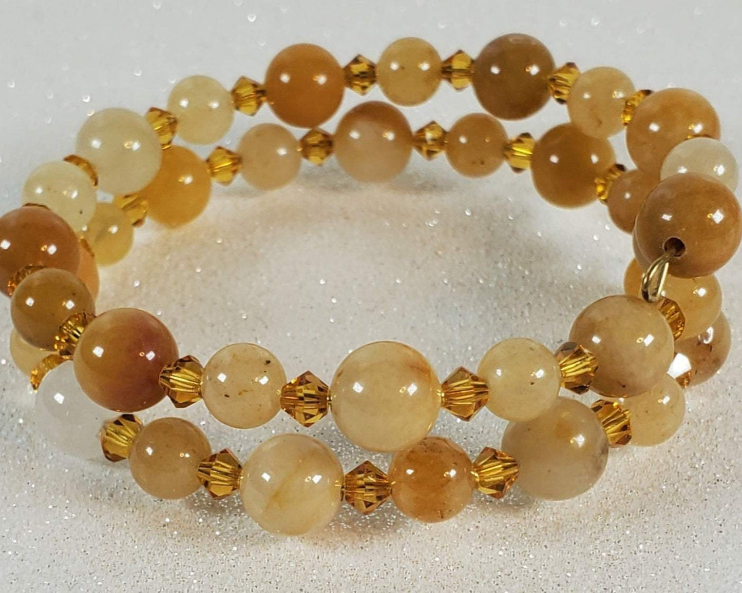 Yellow Jade gemstone bracelet with Austrian crystal accents on adjustable memory wire cuff