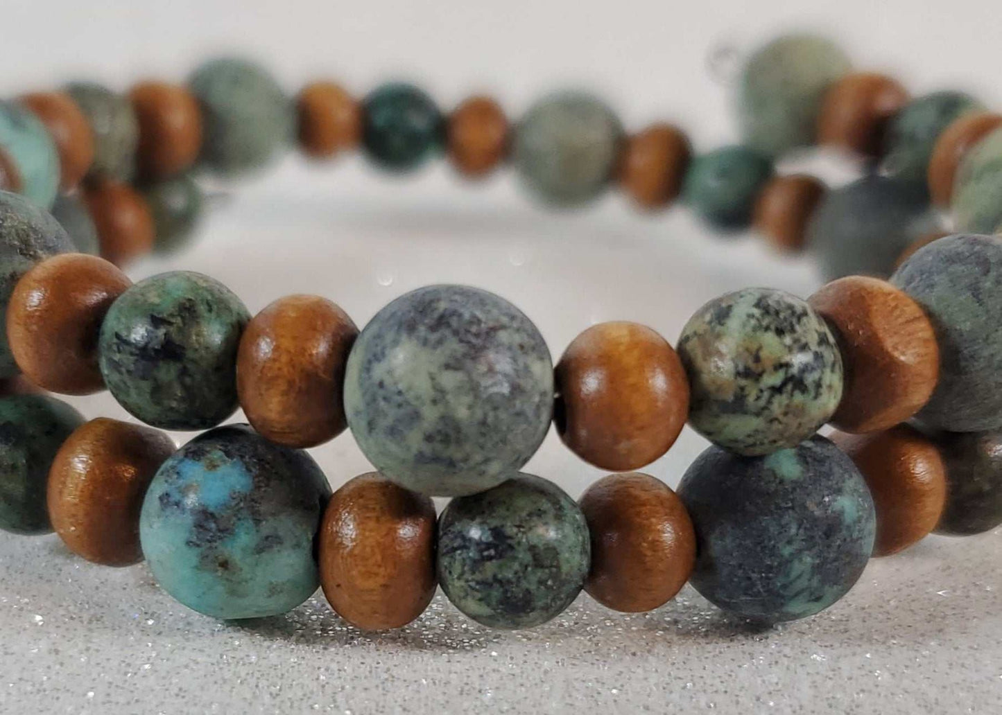 Handcrafted African Turquoise gemstone bracelet with wood beads on memory wire cuff