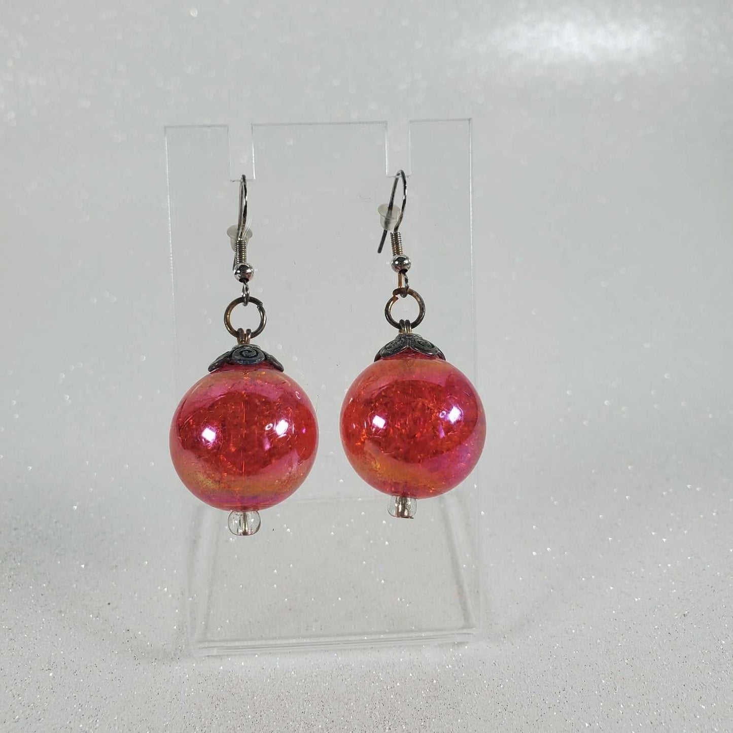 Red sparkle drop earrings with acrylic beads and hypoallergenic hooks