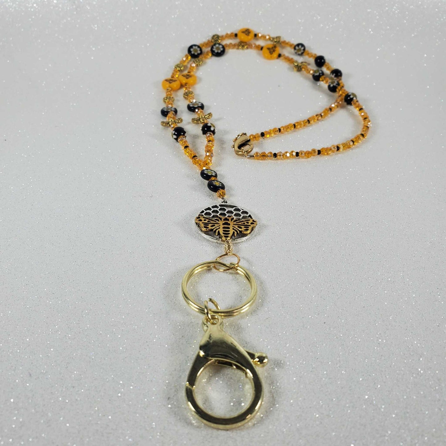 bee-themed lanyard with honeycomb pendant, bee beads, Czech glass, Austrian crystal, and brass accents