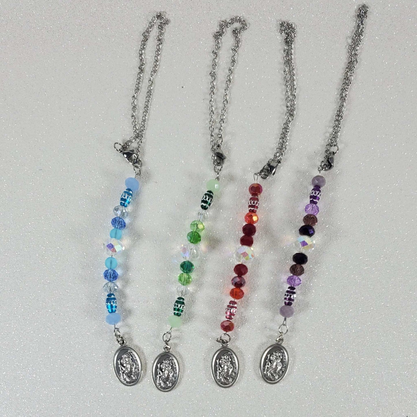 Rearview mirror car charms with pewter St Christopher medallions and colorful glass beads in four styles