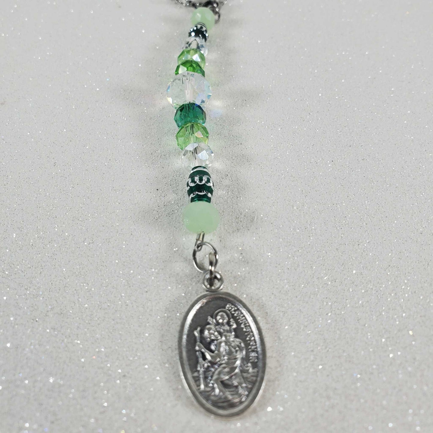 Rearview mirror car charm with pewter St Christopher medallion and green glass beads