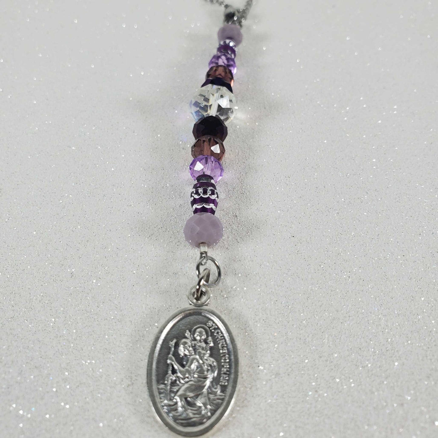 Rearview mirror car charm with pewter St Christopher medallion and purple glass beads hanging 8 inches