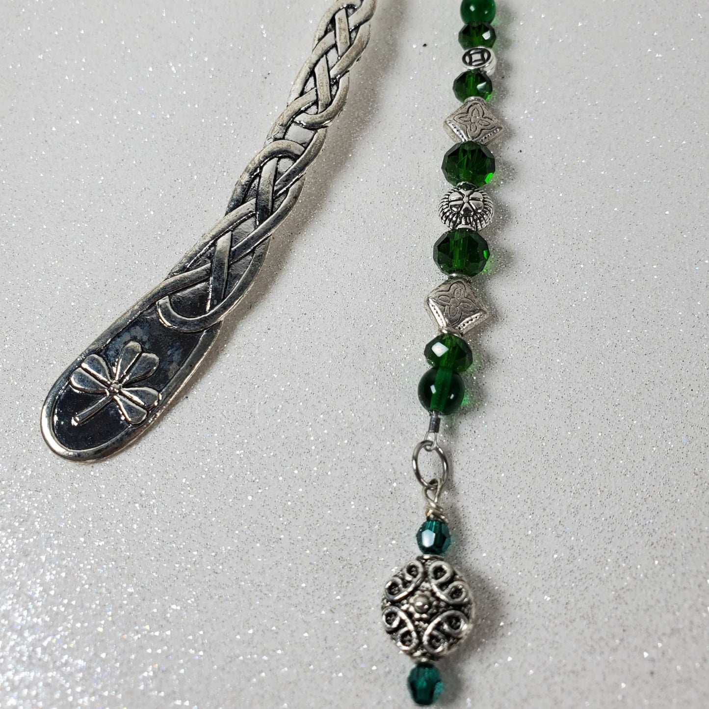 Celtic-inspired pewter shepherd hook bookmark with glass and pewter beads, handcrafted and elegant