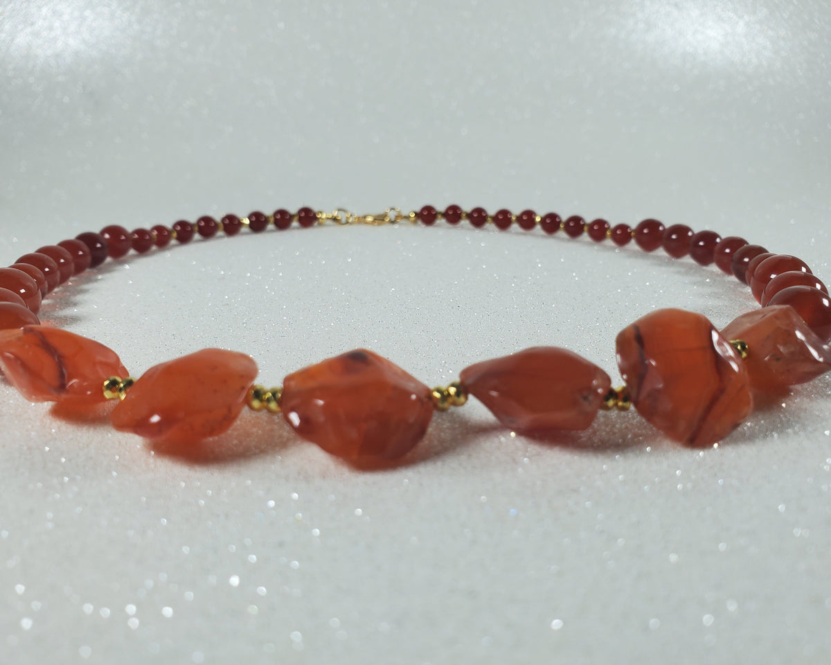 Handcrafted Carnelian gemstone necklace with hematite accents and nugget beads in two elegant lengths