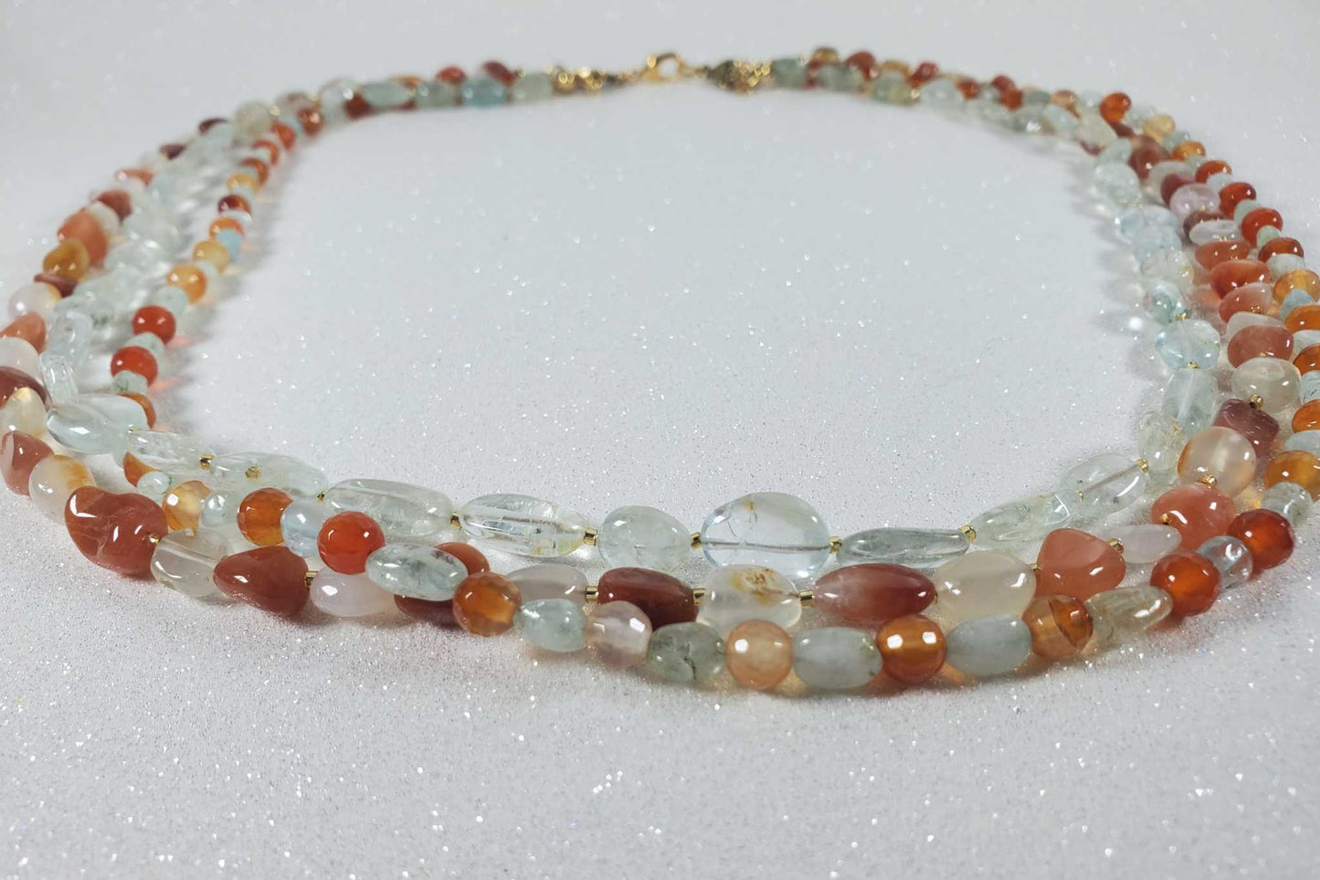 Triple strand gemstone necklace with Carnelian and Aquamarine pebble beads, 25-inch length, handcrafted and unique design