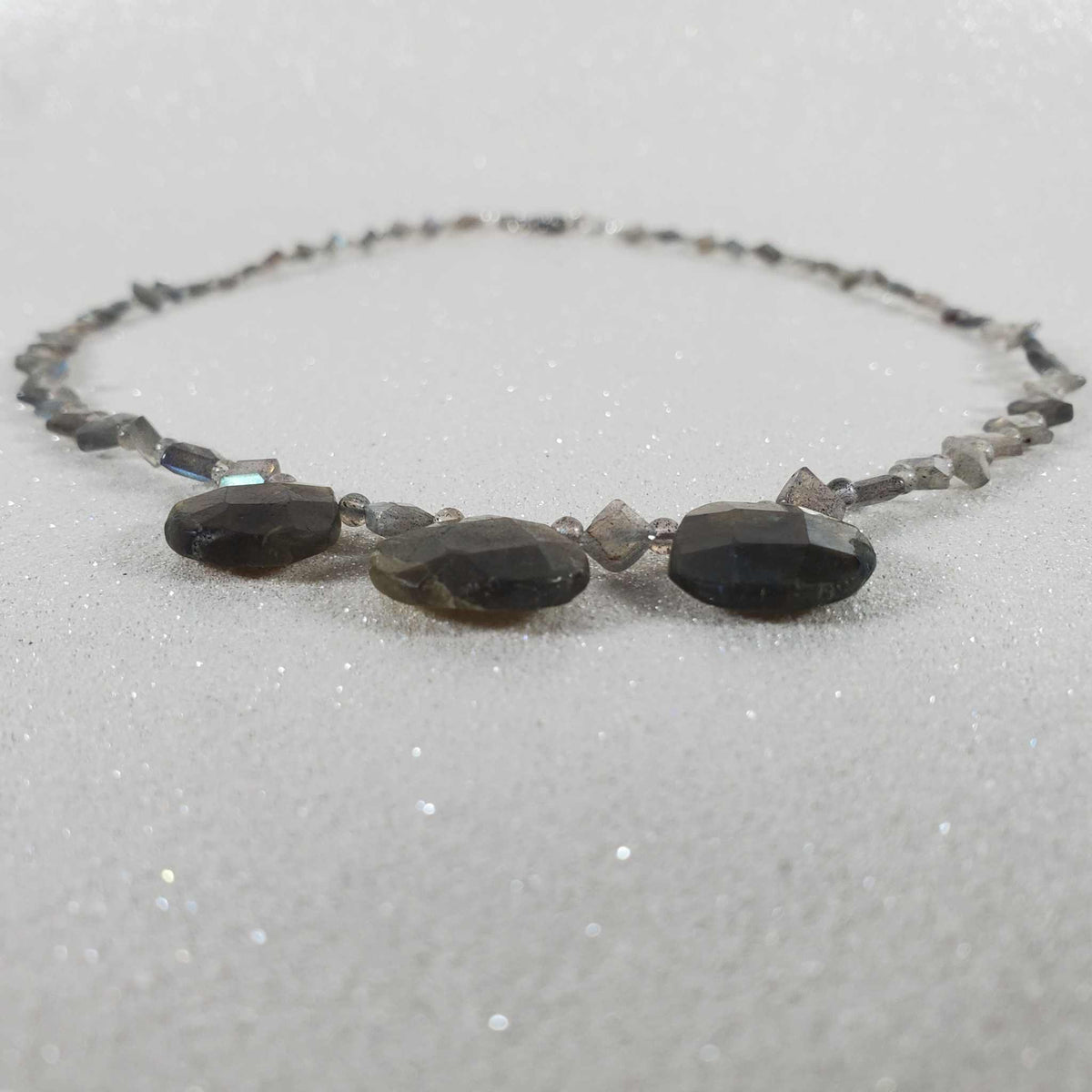Labradorite gemstone necklace with square beads and lobster clasp showcasing blue-gray flashes