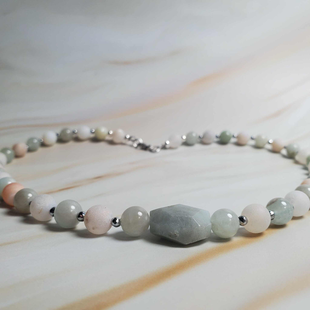 Gemstone necklace with aquamarine bead and matte druzy agate on silver chain