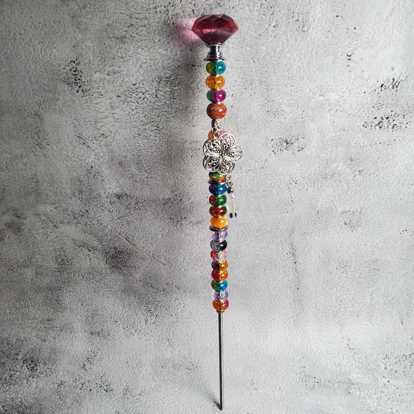 Handcrafted Fairy Wand garden accent with floral detail, crystal knob, and vibrant European charm beads