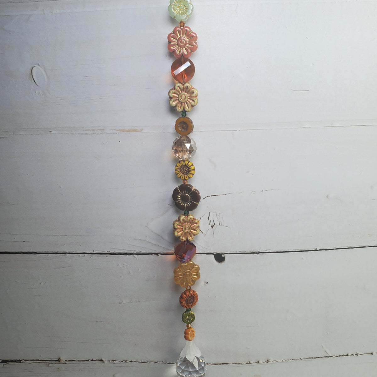 Crystal Suncatcher with Czech Glass Flowers – 11-Inch Jewel-Tone Window Rainbow Catcher