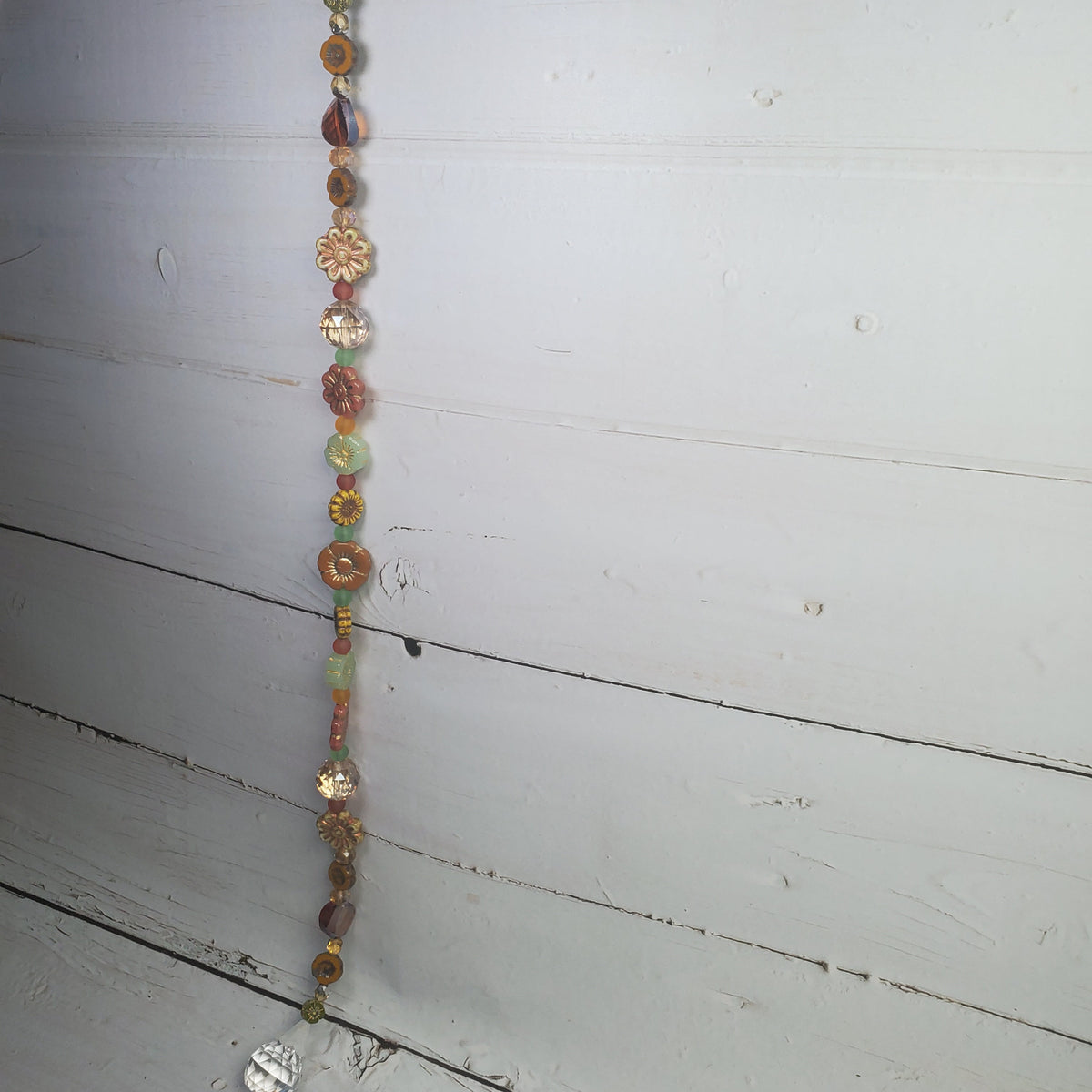 16-Inch Crystal Suncatcher with Czech Glass Flowers – Jewel-Tone Rainbow Prism Window Hanging