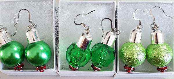 Colorful Holiday Ornament Earrings with green acrylic beads and silver hooks in gift boxes