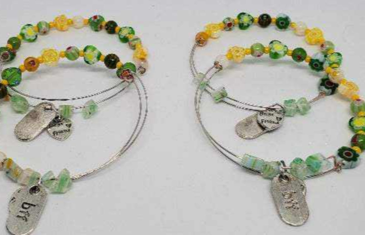 Colorful Millefiori glass bead charm bracelets with pewter friendship charms on memory wire bangle set for best friends