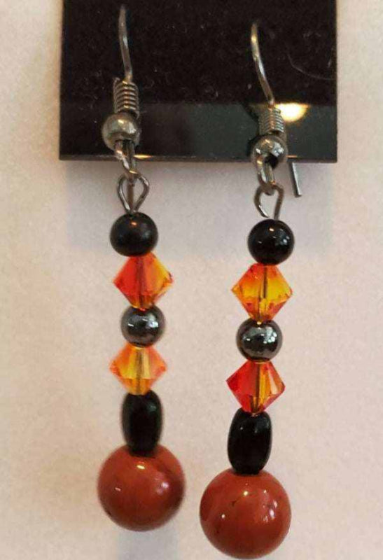 Fire and Flame necklace earring set with orange and black beads and silver hooks