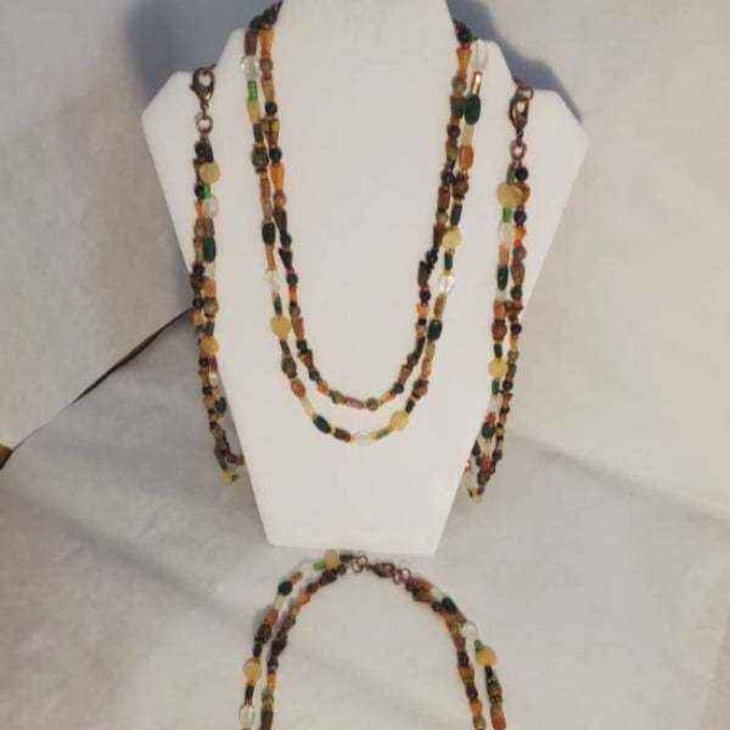 Double-strand gemstone necklace with quartz, aventurine, jasper, and tiger's eye for fall fashion style