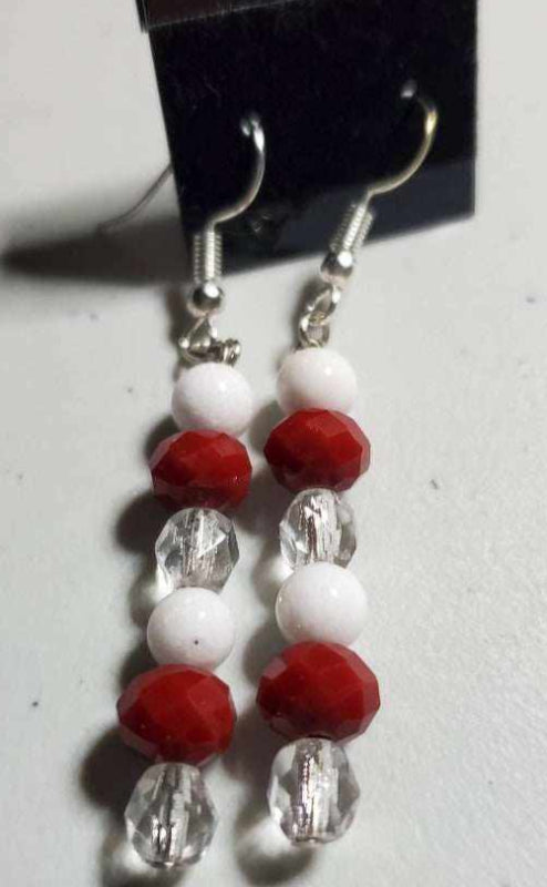 Holiday peppermint necklace and earrings set with red, white, and clear beads