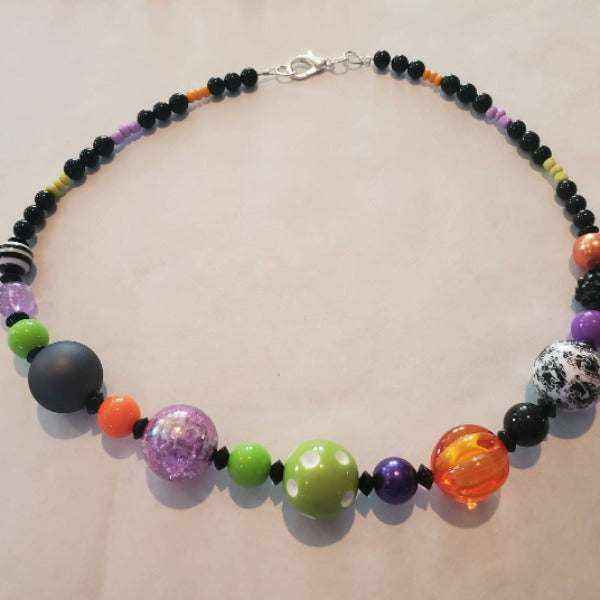 Colorful Halloween necklace with oversized gumball beads and lobster claw clasp