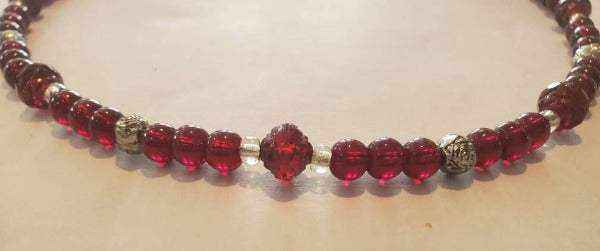 16-inch garnet rose floral necklace choker with glass, acrylic, and pewter beads