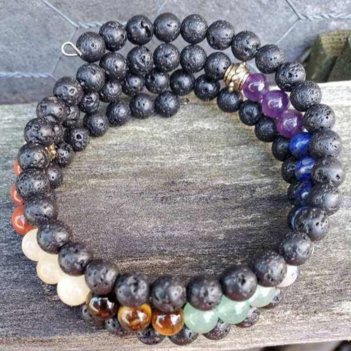 Chakra Gemstone Bracelet with Lava Stone and Semi-Precious Beads in Adjustable Cuff Design