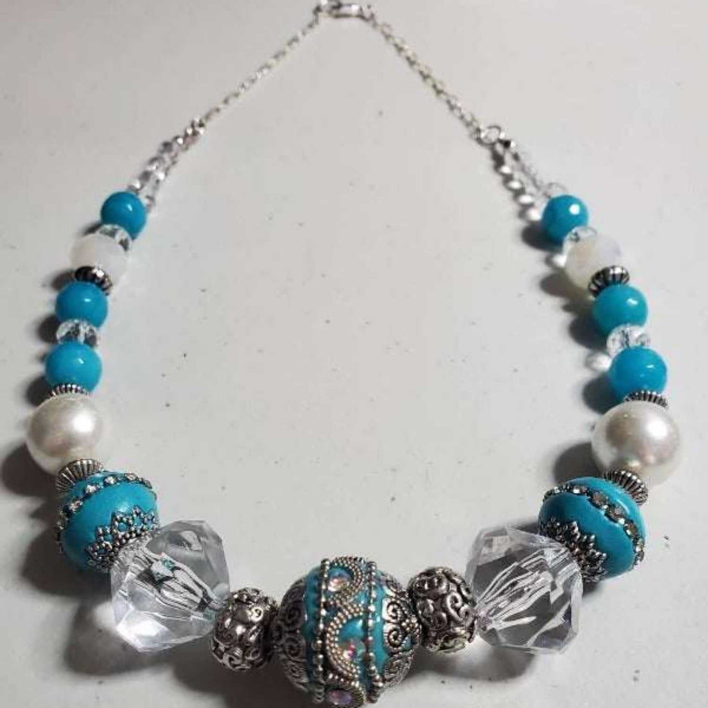 Vintage fashion turquoise and silver necklace with pewter, crystal, glass, and resin beads, 18 inches long with lobster clasp