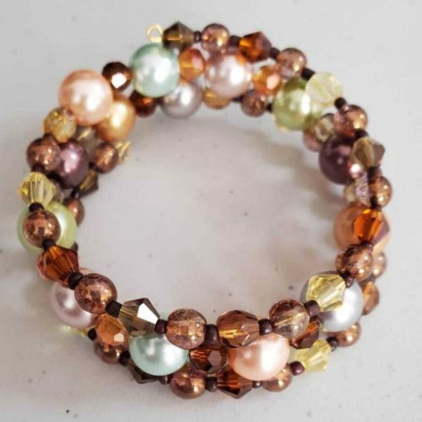 Fall pearl and crystal cuff bracelet with glass pearls, crystals, and copper beads for autumn fashion