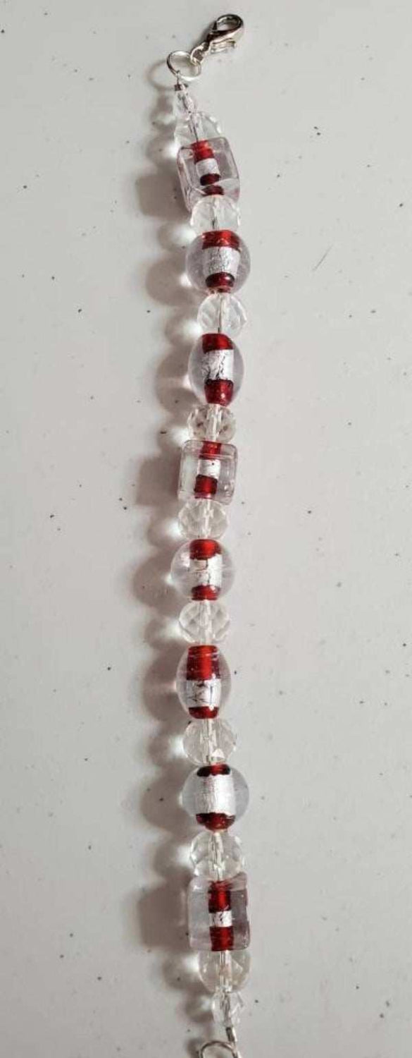 Crystal Bracelet with red foil beads and clear faceted crystals, 7.5-inch glass bracelet with lobster clasp