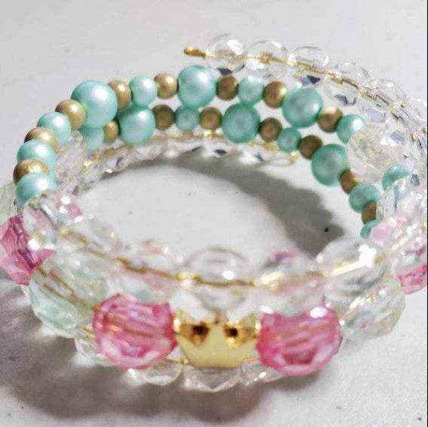 Princess Crown Cuff Bracelet for children with pink, turquoise beads, clear crystals, and a gold crown charm