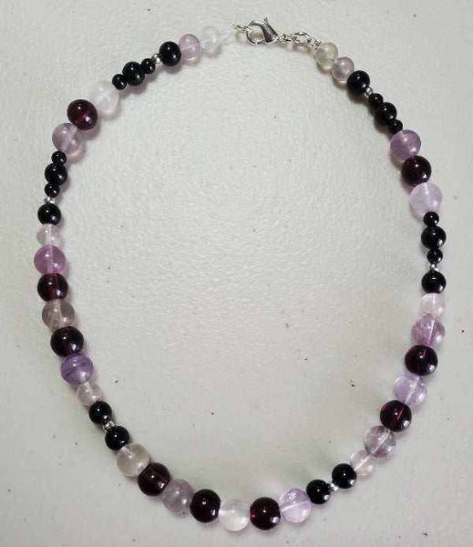 Amethyst and fluorite beaded choker gemstone necklace with black glass and silver-toned accents