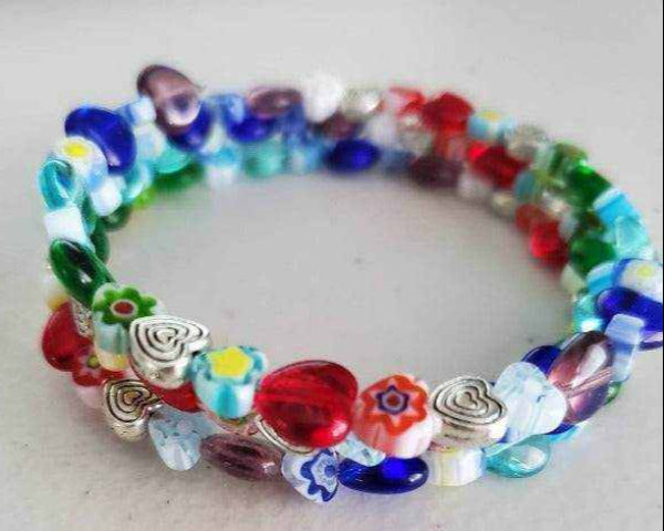 Colorful floral bracelet with heart and flower Millefiori glass beads on flexible memory wire cuff