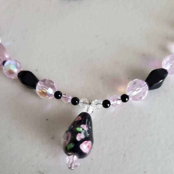 Vintage rose necklace and earring set with pink and black glass beads and rose lampwork accents