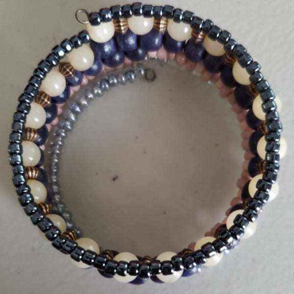 Denim Boho Bracelet with moonstone, blue wood beads, Czech glass, and copper accents in a handcrafted bohemian design