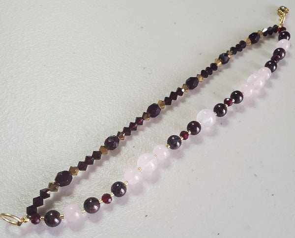 Double-strand garnet and rose quartz gemstone bracelet with gold Swarovski crystals and lobster clasp
