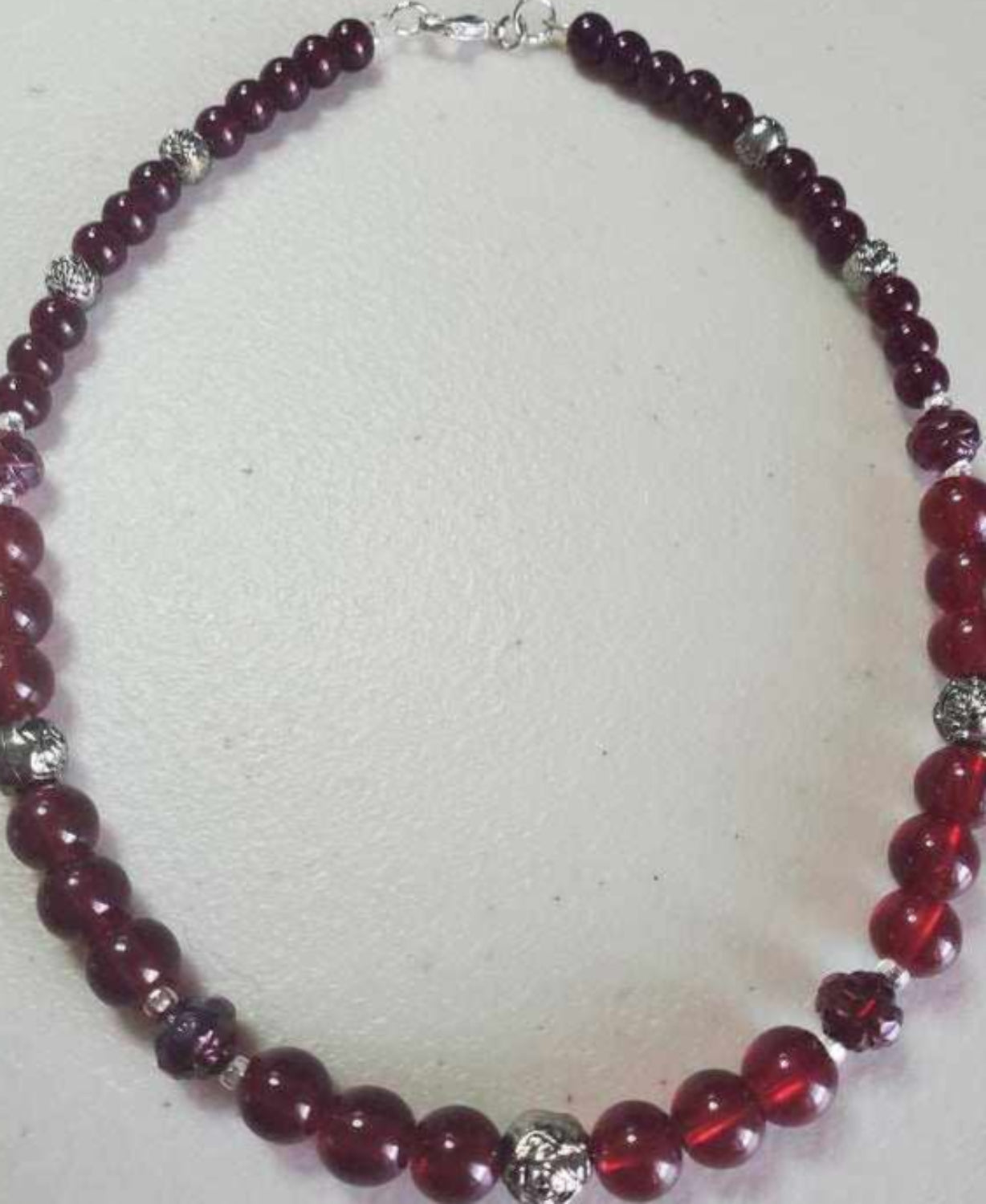 Handcrafted 14-inch floral necklace choker with garnet-colored glass, crystal, acrylic, and pewter rose beads
