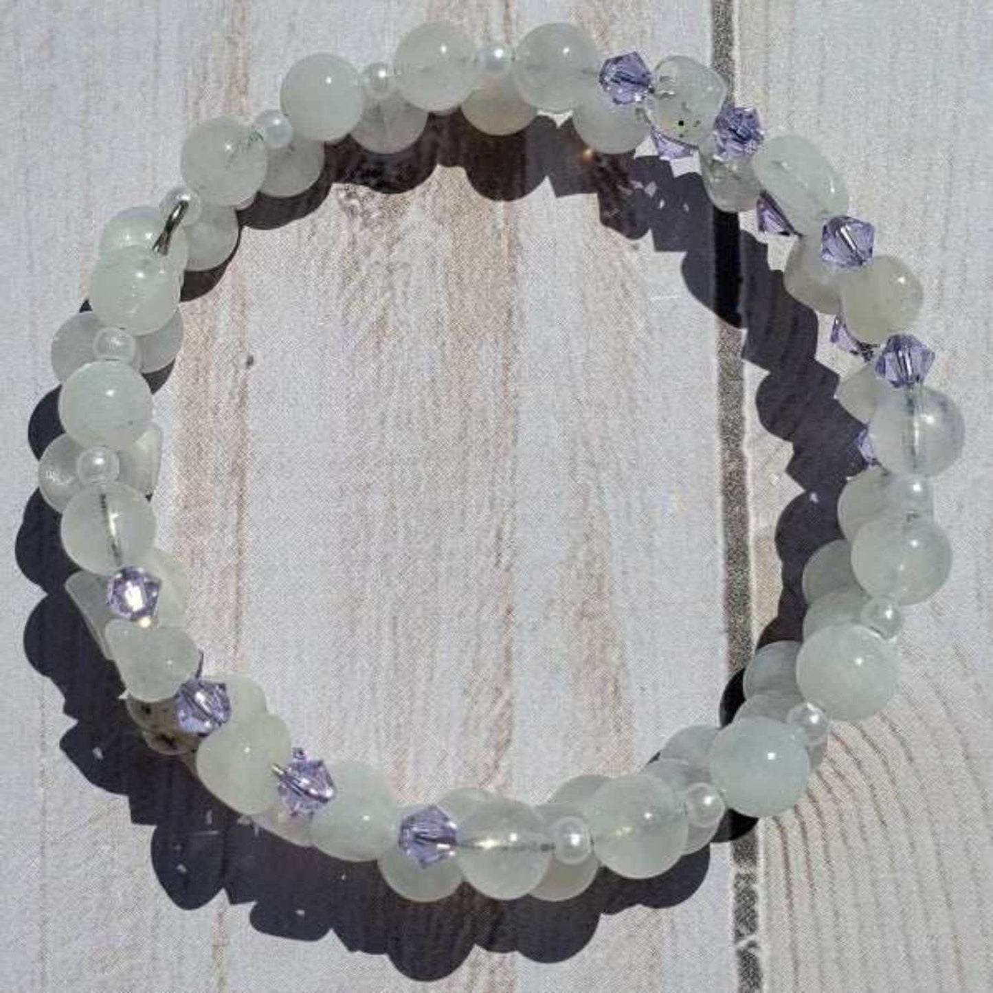 Rainbow Moonstone cuff bracelet with soft acrylic pearls and Swarovski crystals on memory wire design