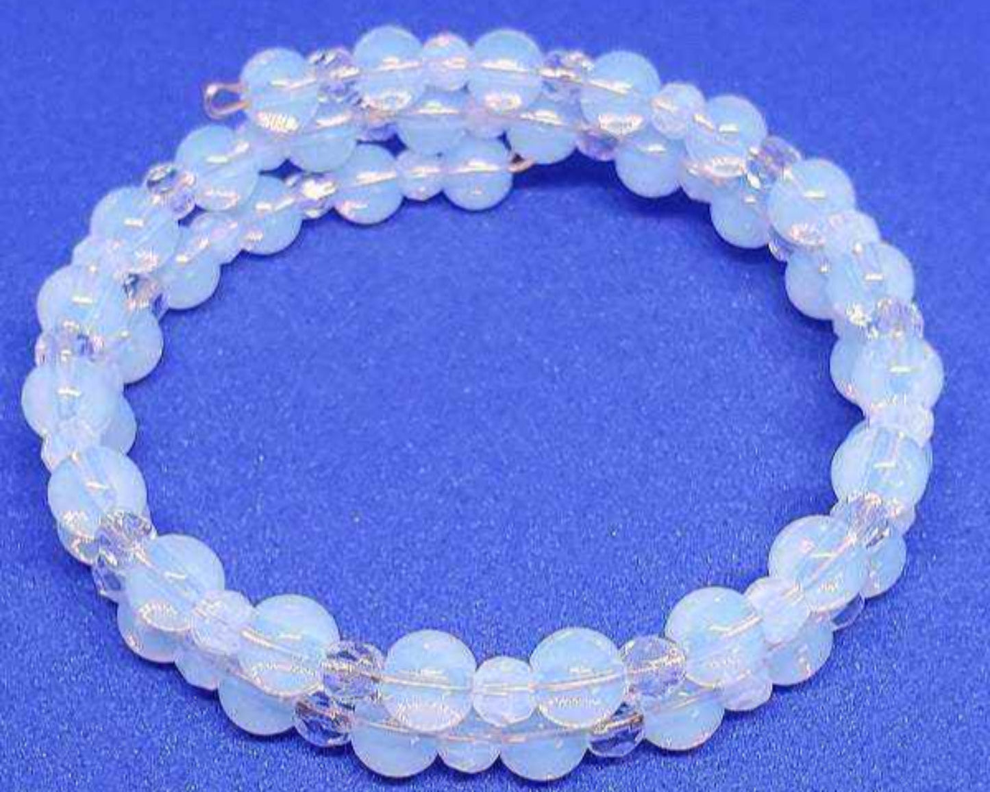Opalite and crystal cuff gemstone bracelet with adjustable memory wire design